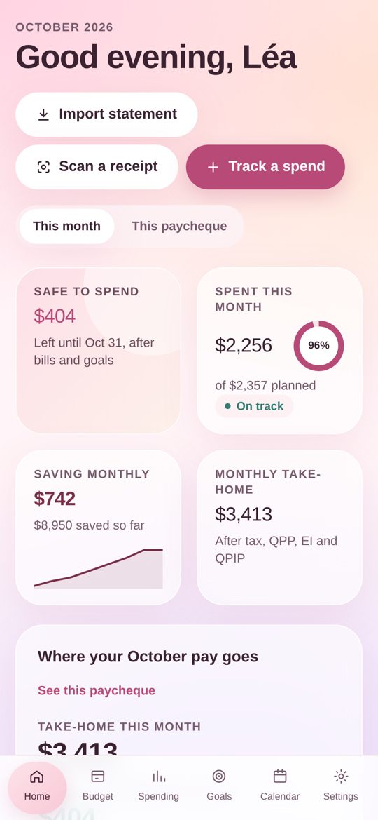 Paycheque Plan home screen on a phone